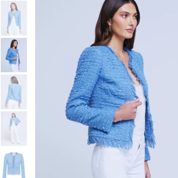 L'Agence Angelina Tweed Fringe Blazer in Riviera Blue in Size 8 Strong Shoulders - Picture 2 of 13